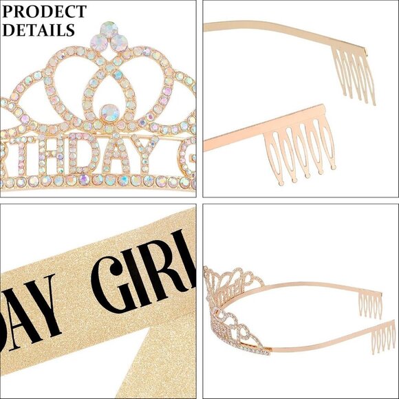 Birthday Crown and Sash Kit for Women Girls Rhinestone Tiara Party Accessory - Picture 7 of 7